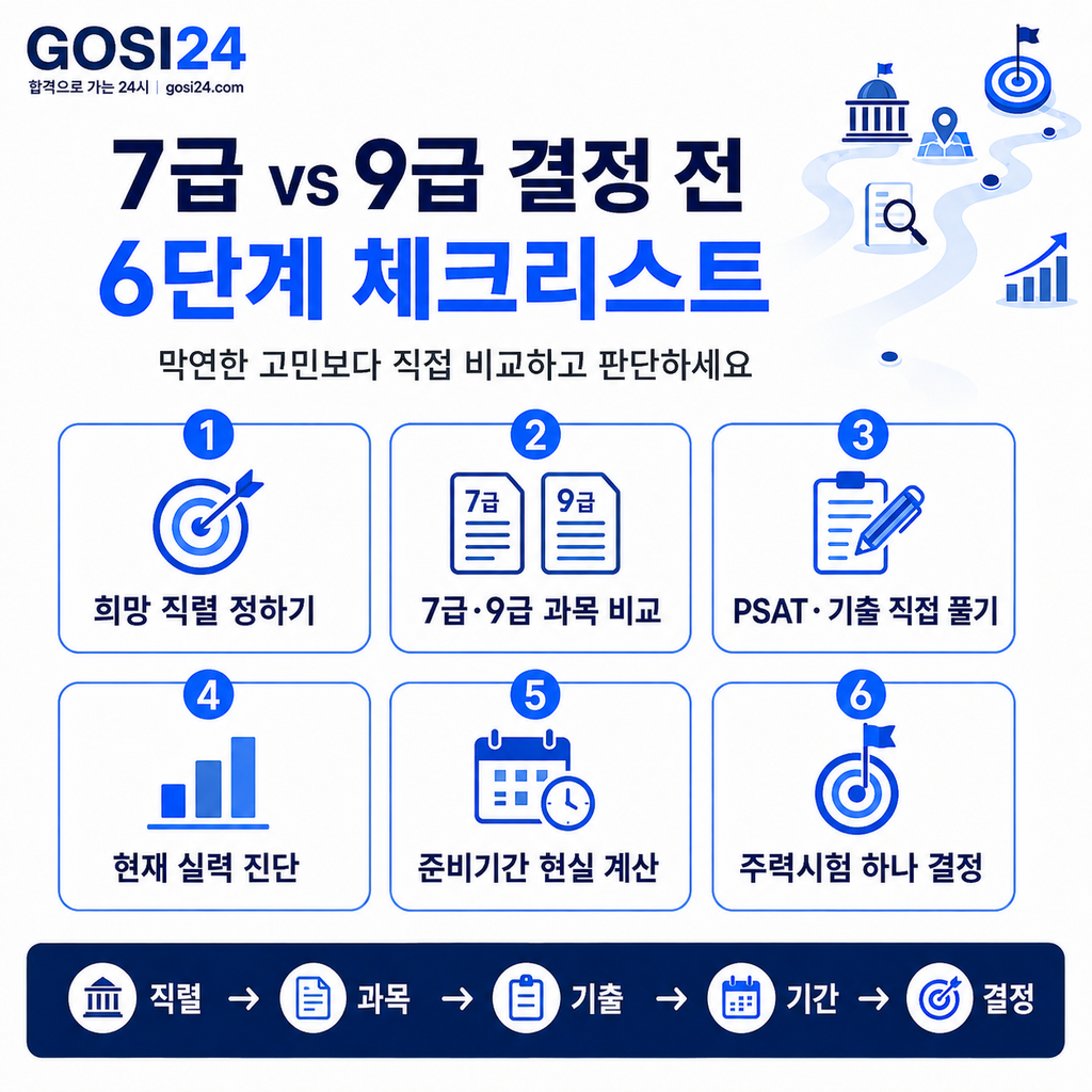 7급과 9급 공무원 시험을 결정하기 전에 희망 직렬, 과목 비교, PSAT와 기출 풀이, 현재 실력, 준비기간, 주력시험 결정을 점검하는 GOSI24 6단계 체크리스트 이미지