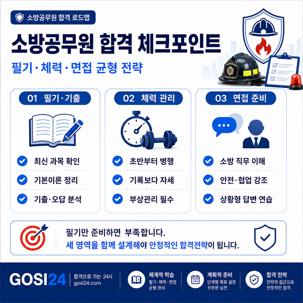소방공무원 시험의 필기와 기출, 체력관리, 면접준비 핵심 전략을 정리한 GOSI24 합격 체크포인트 이미지